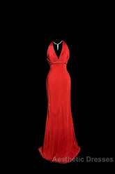 Vintage Mermaid Halter Satin Red Evening Prom Gown Fairy Evening Prom Dresses
